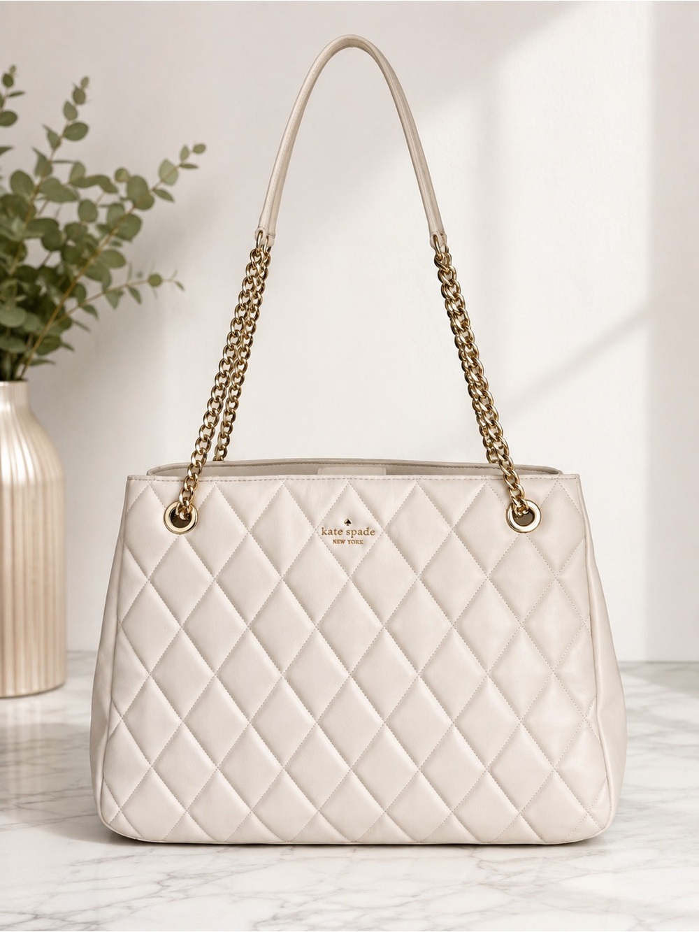 kate spade Quilted Leather Shoulder Bag in Cream with Gold Chain